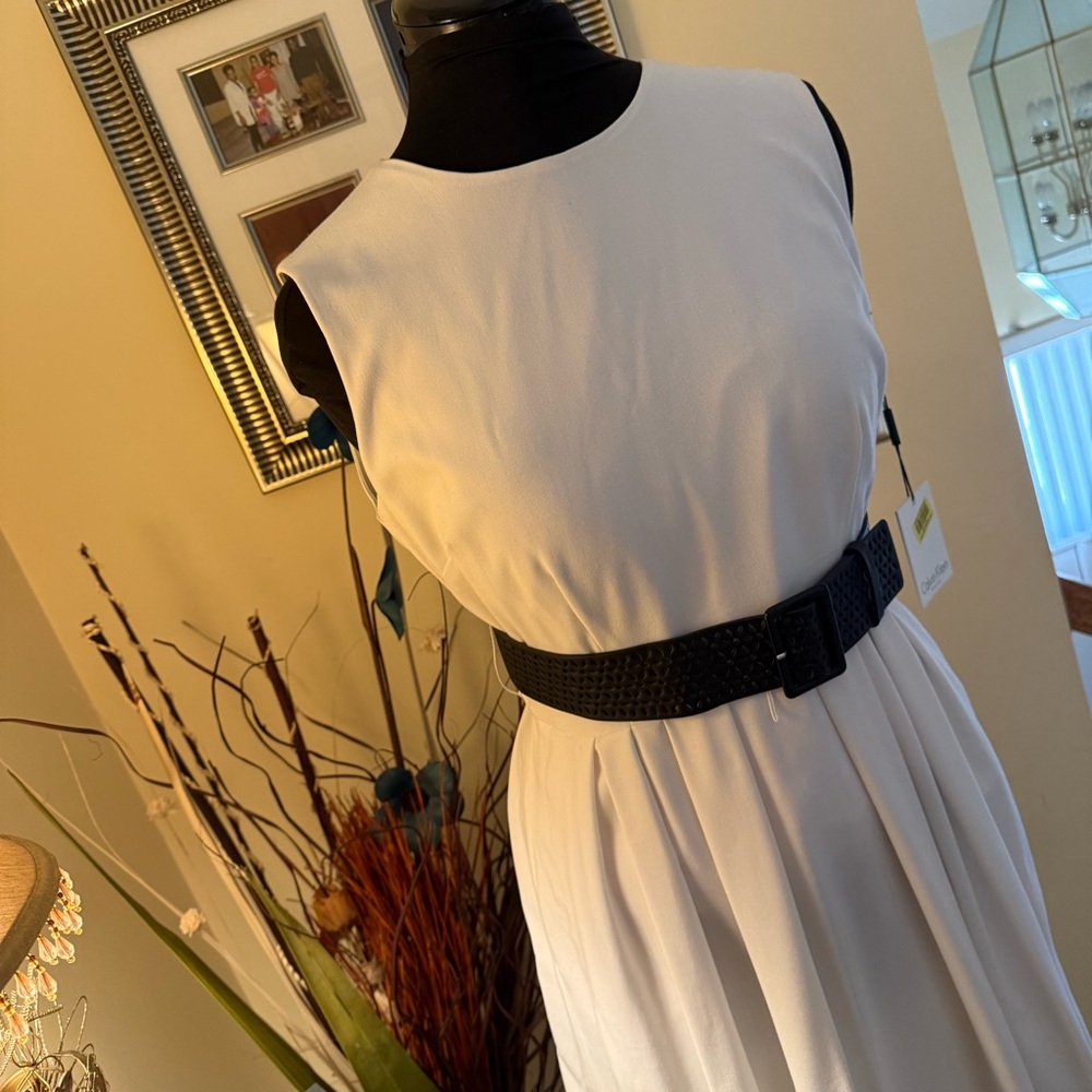 Calvin Klein White Sleeveless Pleated Midi Dress with Black Belt - Picture 8 of 15